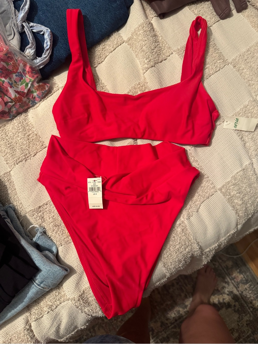 S Aerie Bright Red high waisted bikini